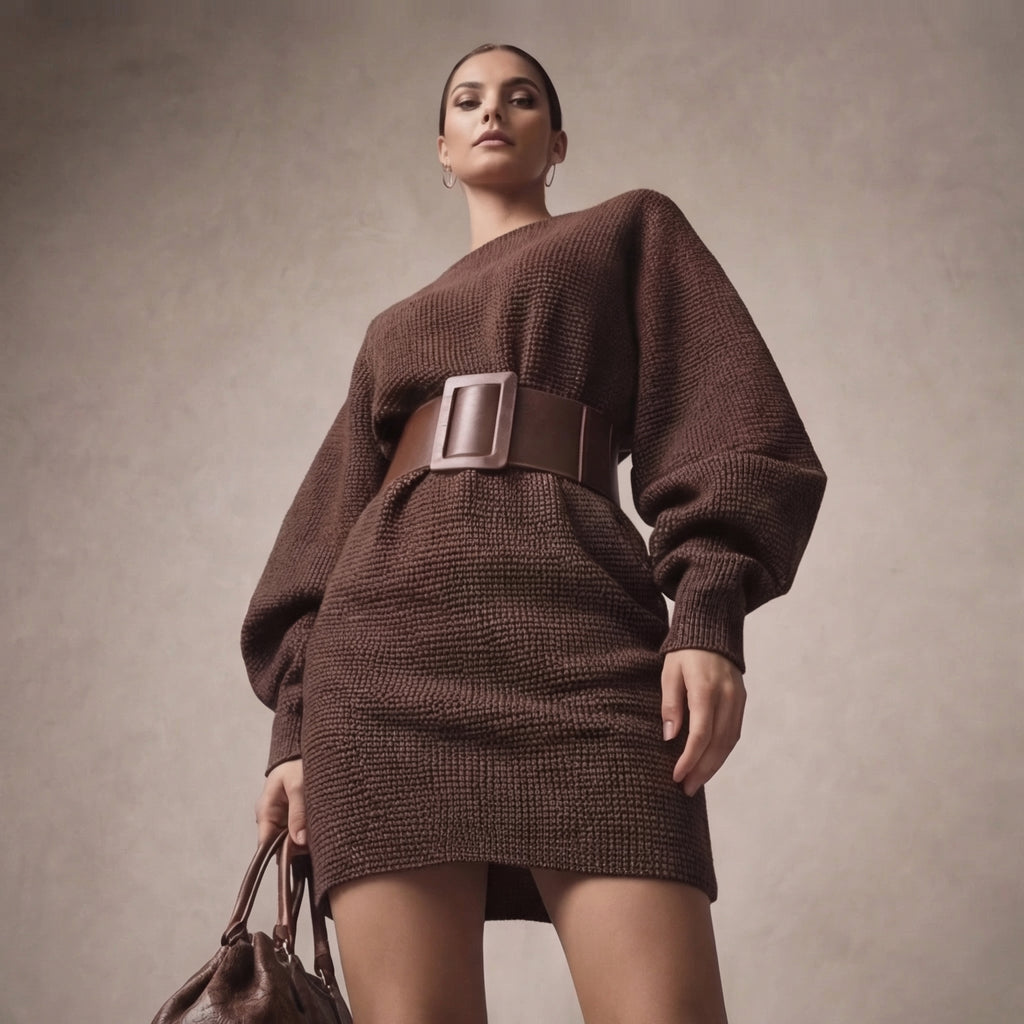 Womens Elegant Knit Mini Dress with Belted Waist