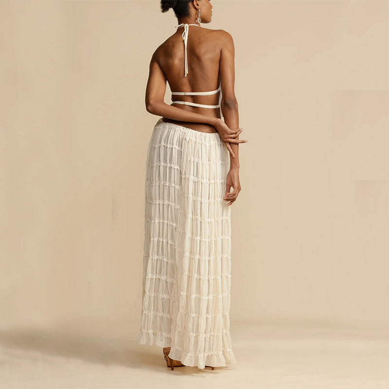 Women's Sleeveless Halter Maxi Dress with Pleated Long Skirt
