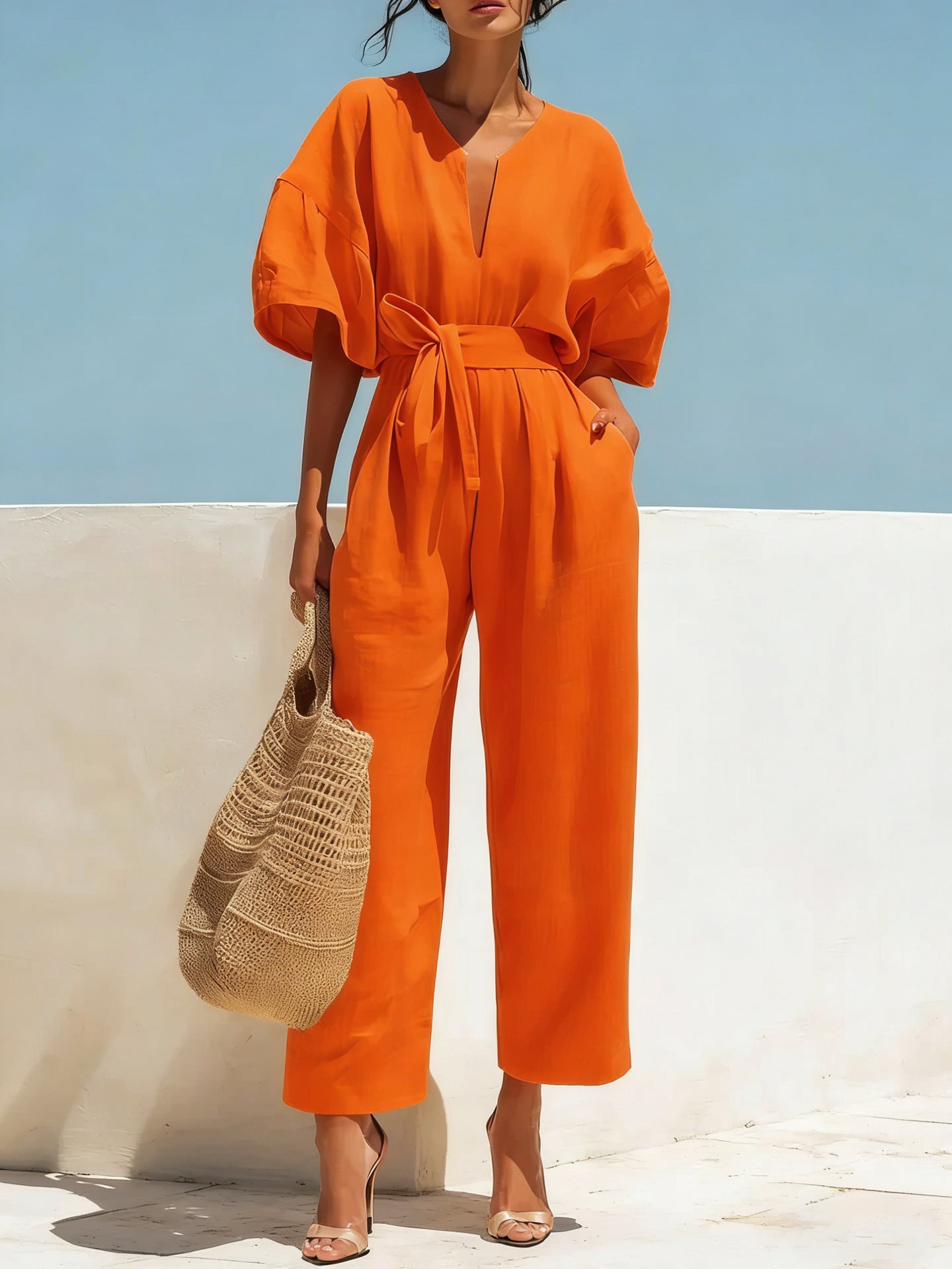 Women's V-Neck Solid Color Jumpsuit