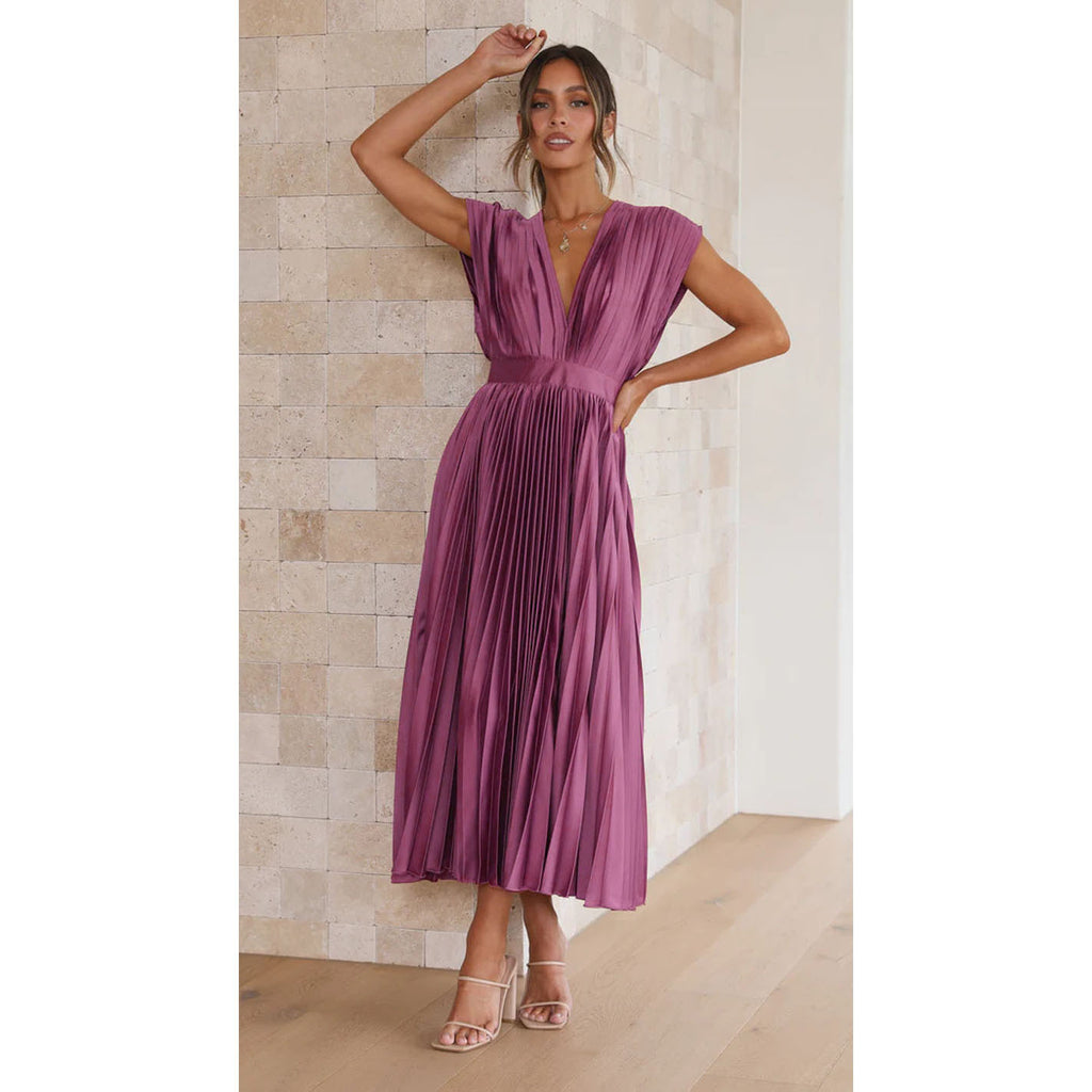 Women's V-Neck Pleated Summer Maxi Dress
