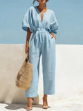 Women's V-Neck Solid Color Jumpsuit