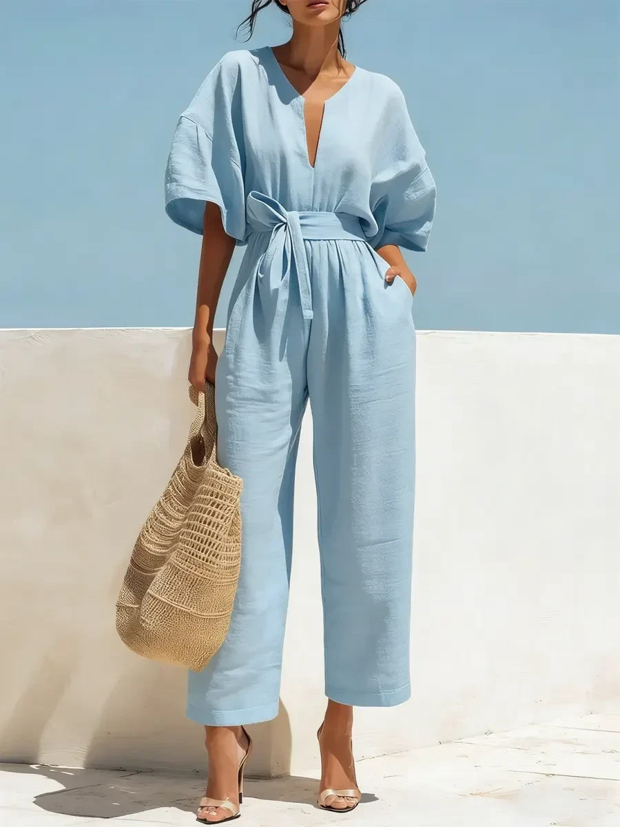 Women's V-Neck Solid Color Jumpsuit