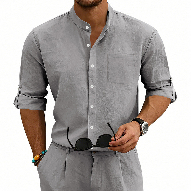 Men's Linen Stand-Up Collar Shirt