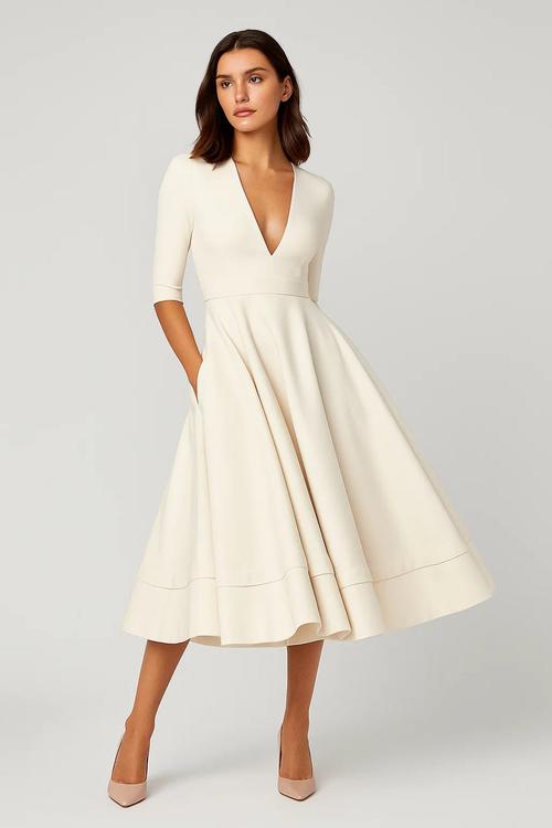 Women's Elegant Midi Dress – Flared V-Neck Design for Stylish Versatility