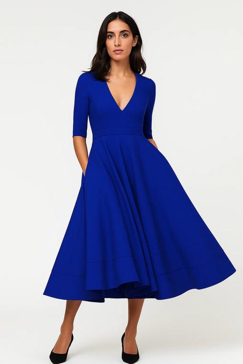 Women's Elegant Midi Dress – Flared V-Neck Design for Stylish Versatility