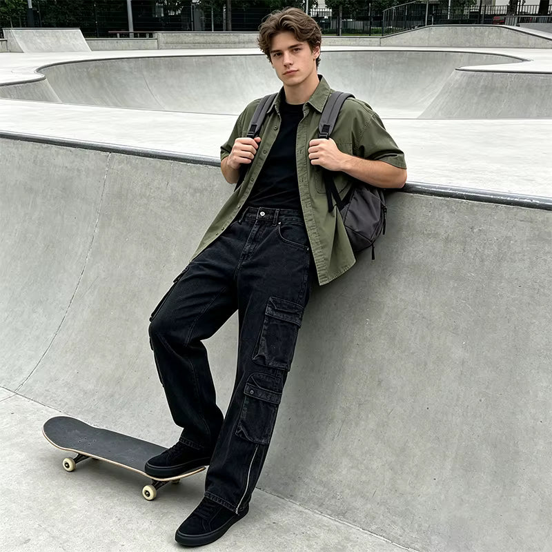 Men's Cargo Jeans Straight Leg Loose Fit with Pockets