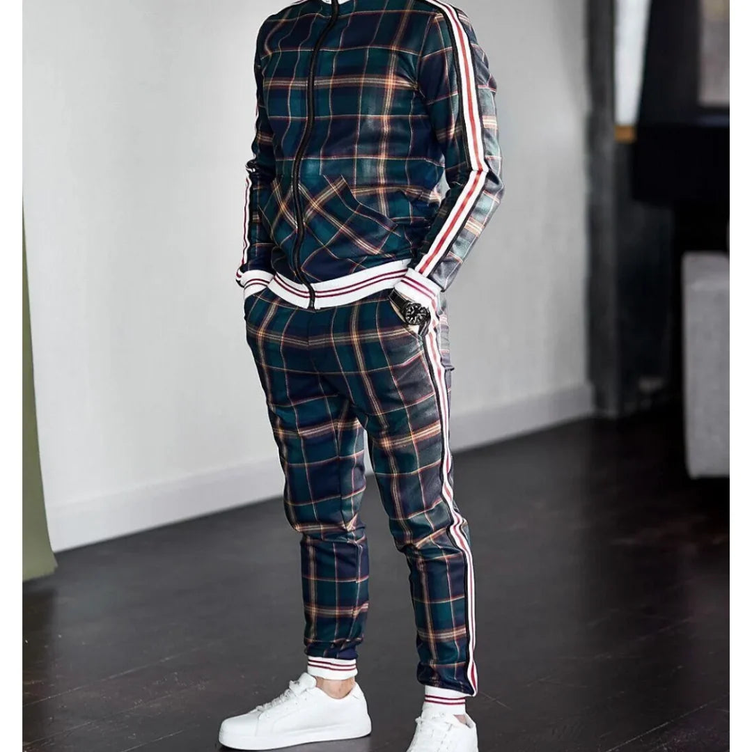Men's Checkered Tracksuit Set with Zipper 0