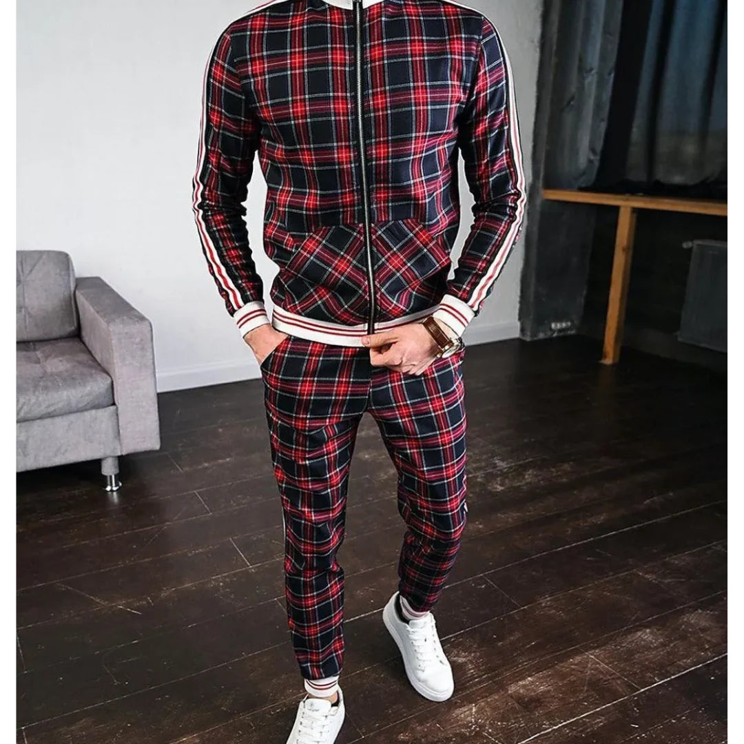 Men's Checkered Tracksuit Set with Zipper 2