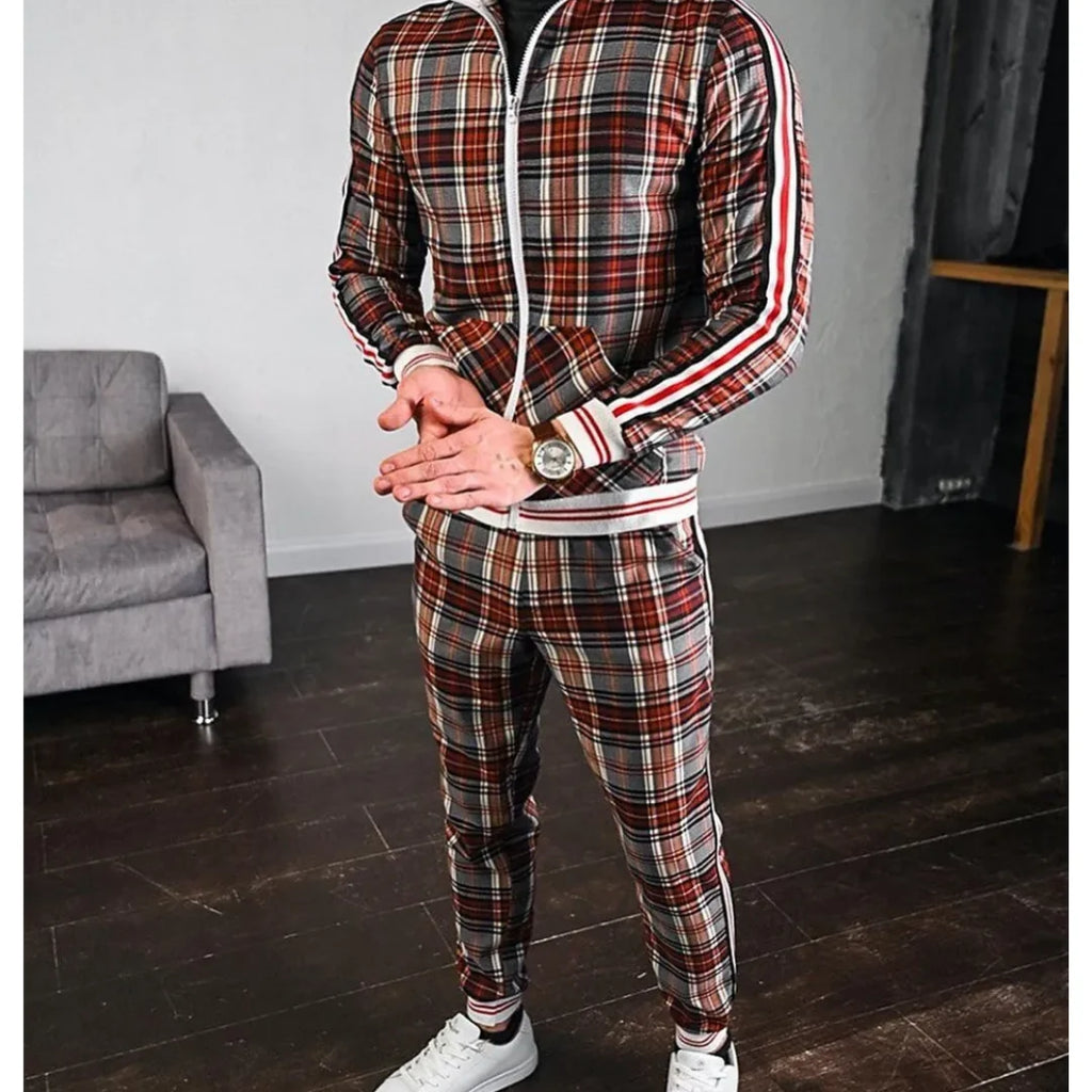 Men's Checkered Tracksuit Set with Zipper 4