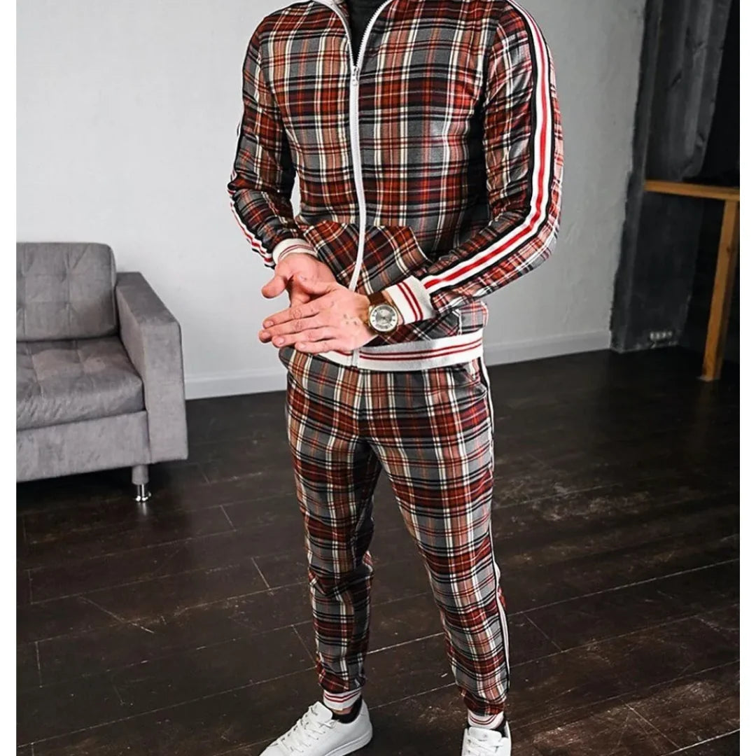 Men's Checkered Tracksuit Set with Zipper 4