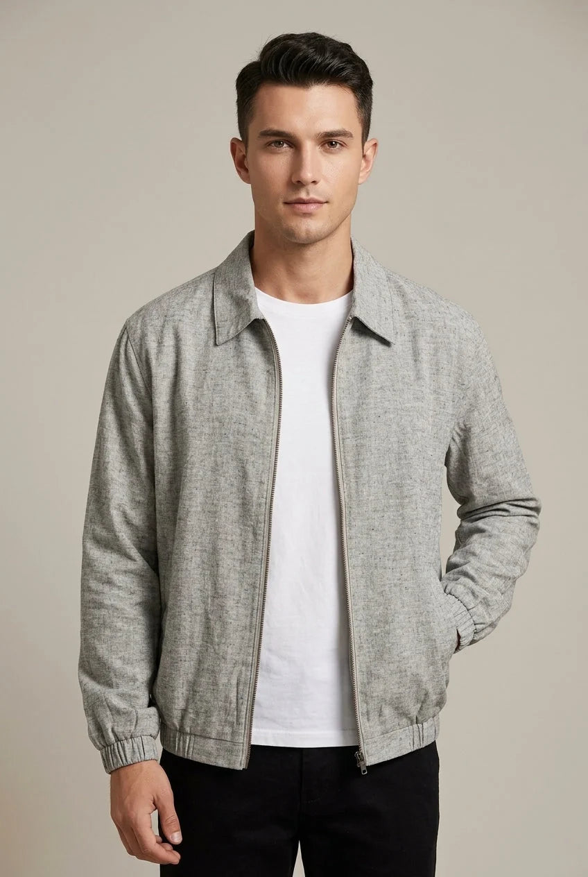 Men's Linen Blend Casual Zip-Up Bomber Jacket