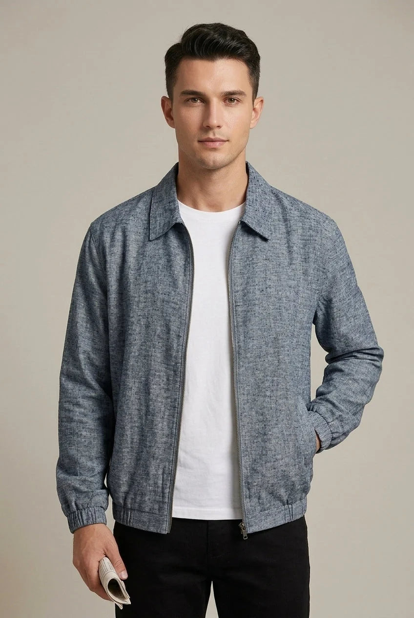 Men's Linen Blend Casual Zip-Up Bomber Jacket