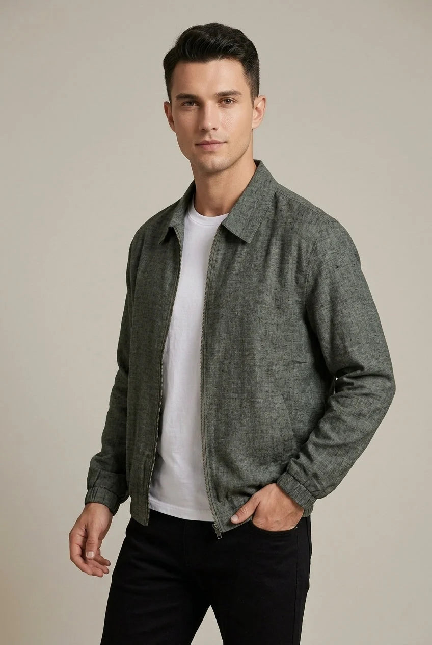 Men's Linen Blend Casual Zip-Up Bomber Jacket