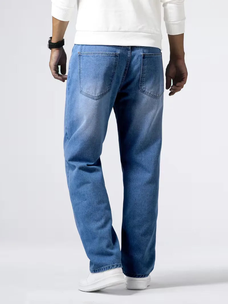 Men's Loose Fit Straight Leg Jeans with Five-Pocket Design