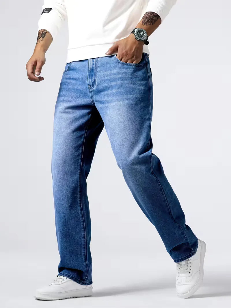 Men's Loose Fit Straight Leg Jeans with Five-Pocket Design