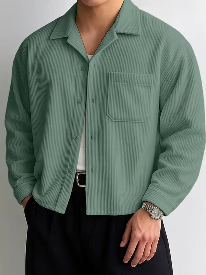 Men's Oversized Corduroy Shirt with V-Neck and Chest Pocket