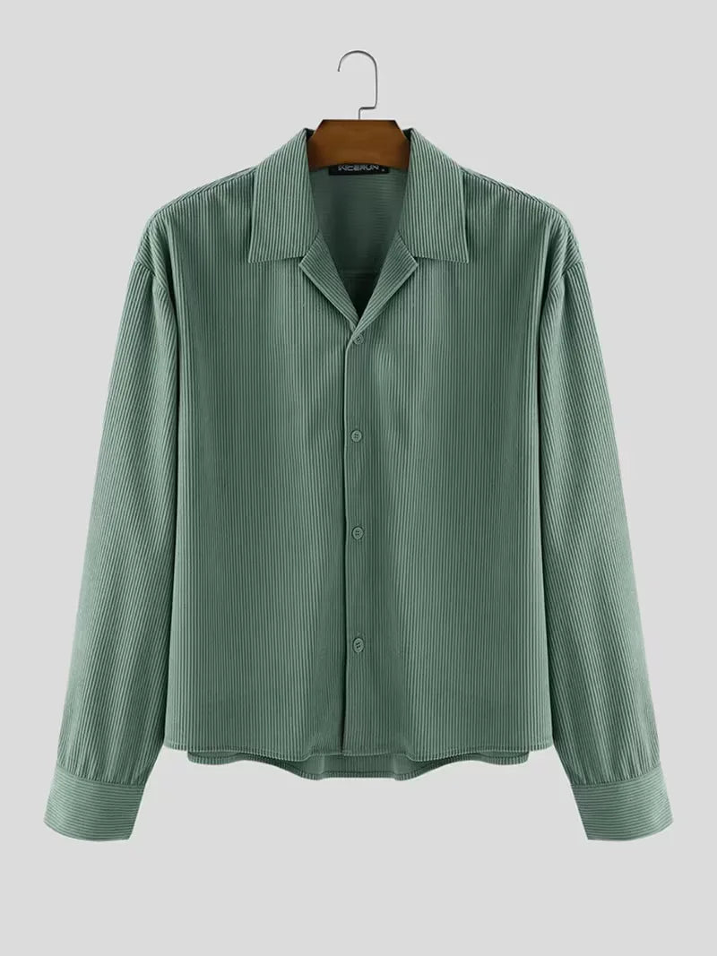 Men's Oversized Corduroy Shirt with V-Neck and Chest Pocket