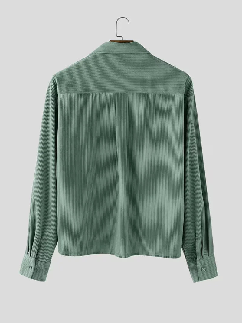 Men's Oversized Corduroy Shirt with V-Neck and Chest Pocket