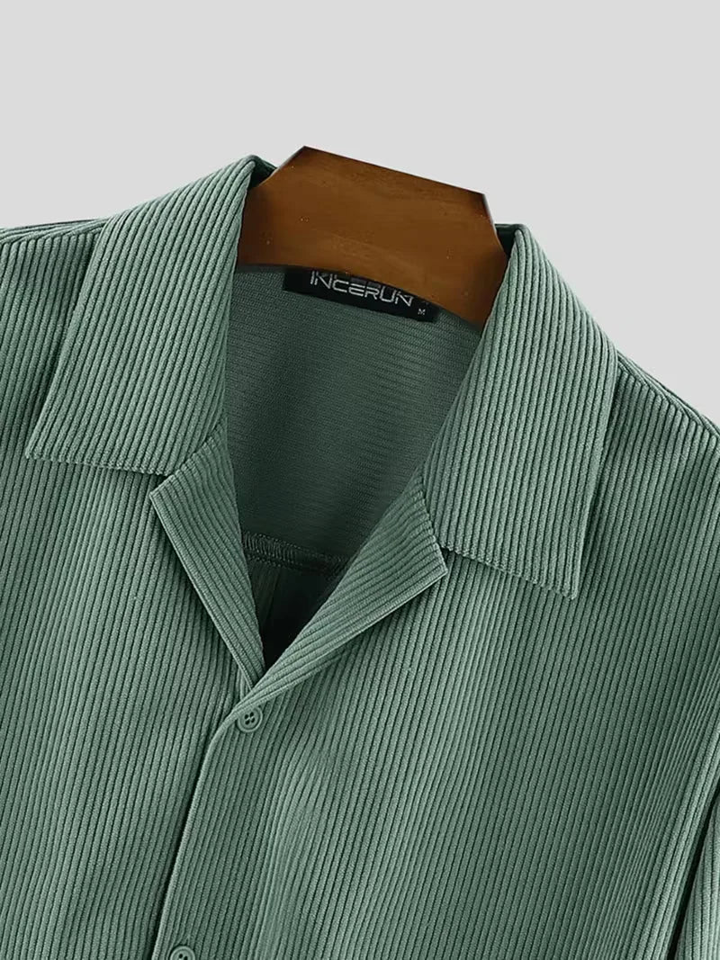 Men's Oversized Corduroy Shirt with V-Neck and Chest Pocket