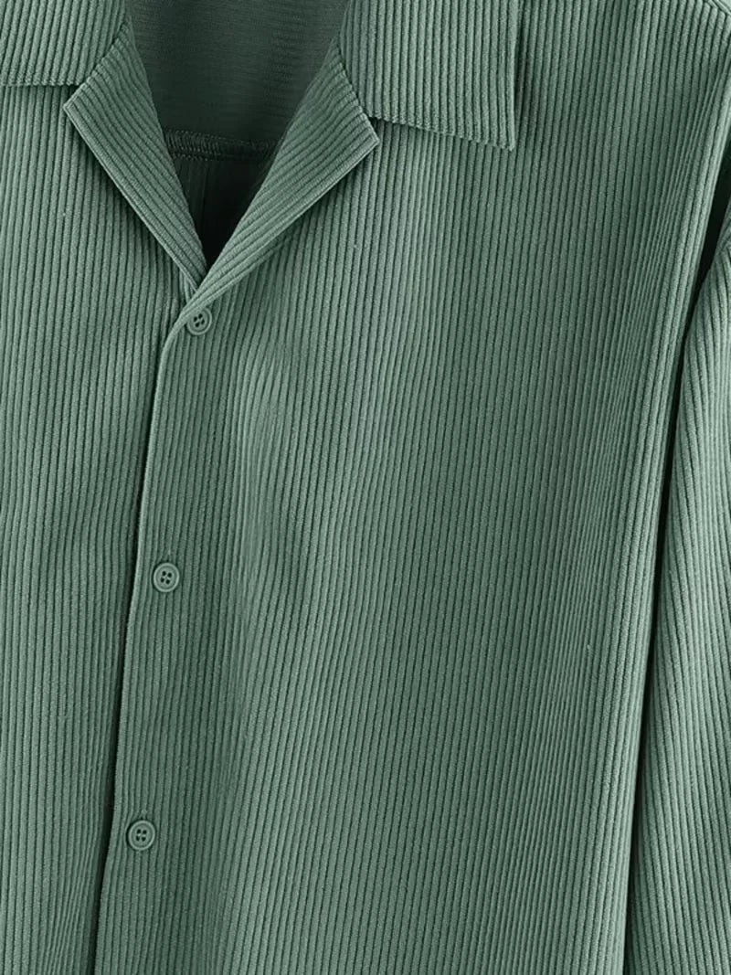 Men's Oversized Corduroy Shirt with V-Neck and Chest Pocket