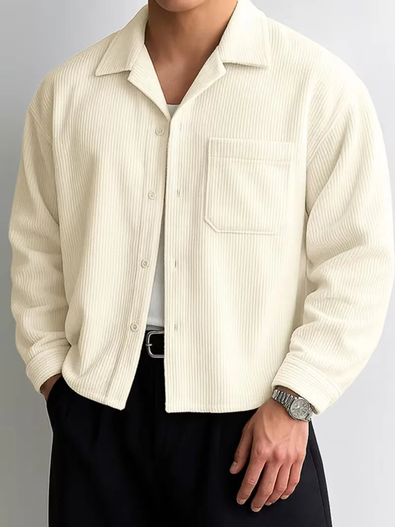 Men's Oversized Corduroy Shirt with V-Neck and Chest Pocket