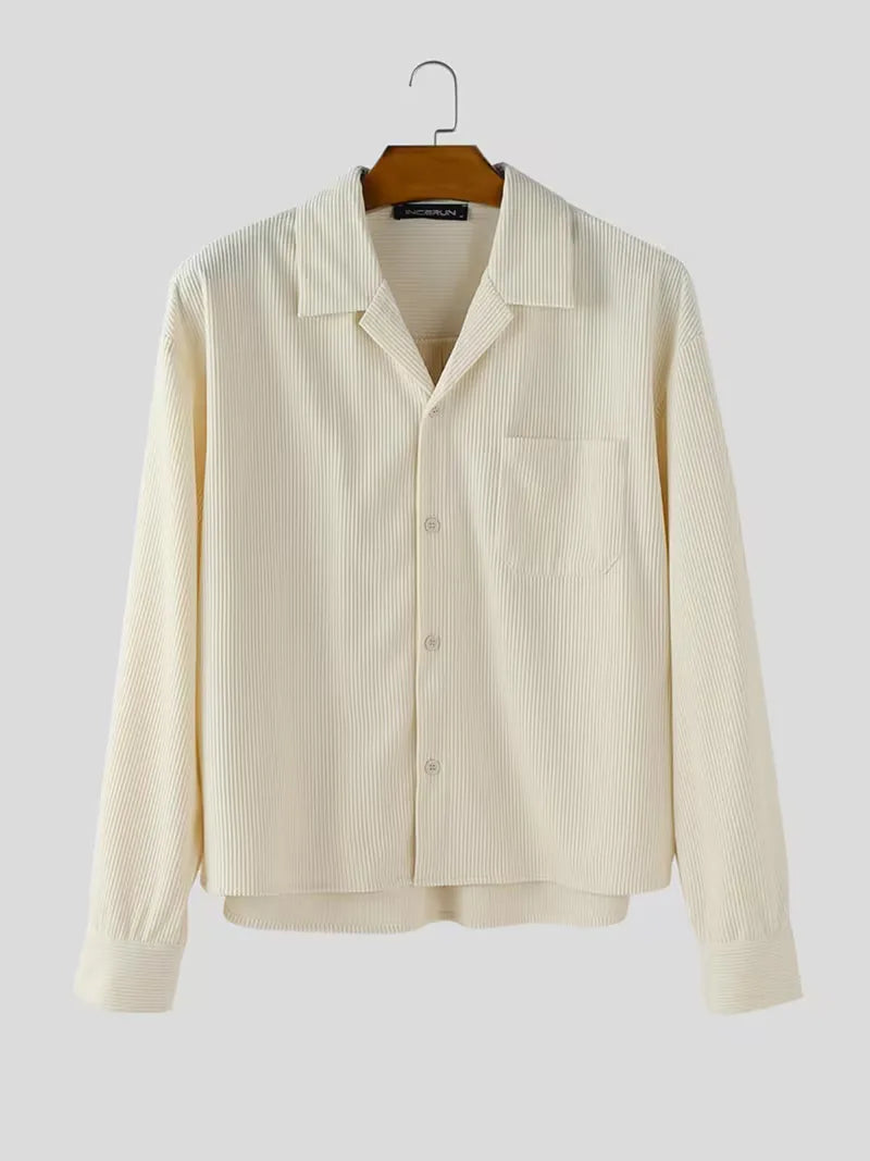 Men's Oversized Corduroy Shirt with V-Neck and Chest Pocket