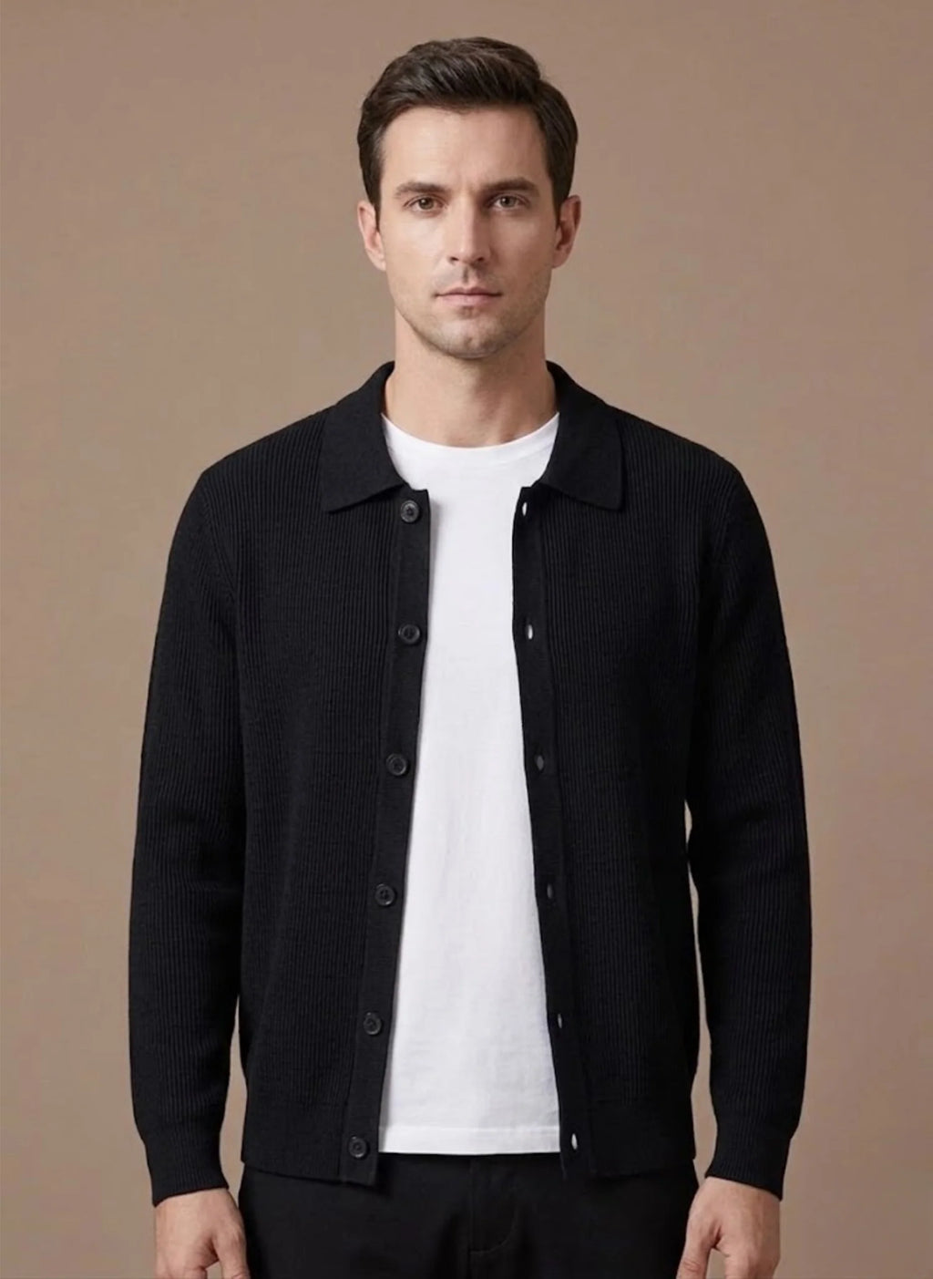 Men's Ribbed Knit Cardigan with Collared Neckline