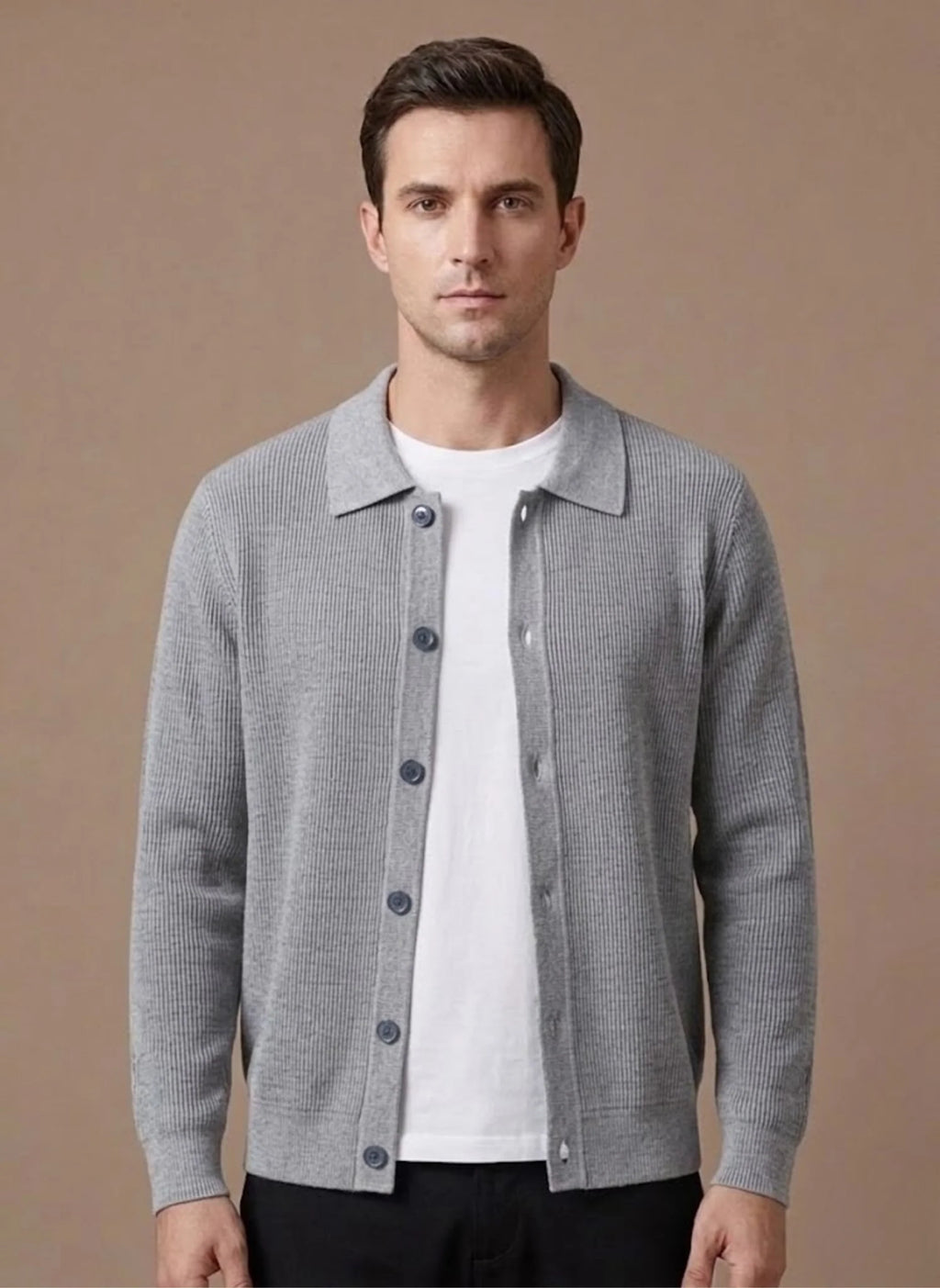 Men's Ribbed Knit Cardigan with Collared Neckline