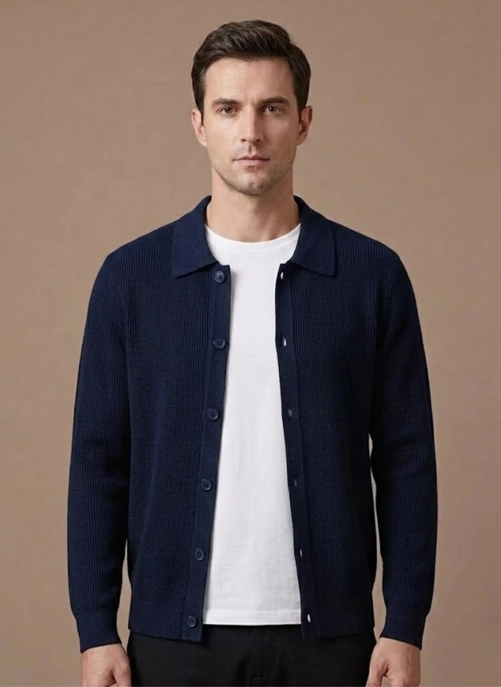 Men's Ribbed Knit Cardigan with Collared Neckline