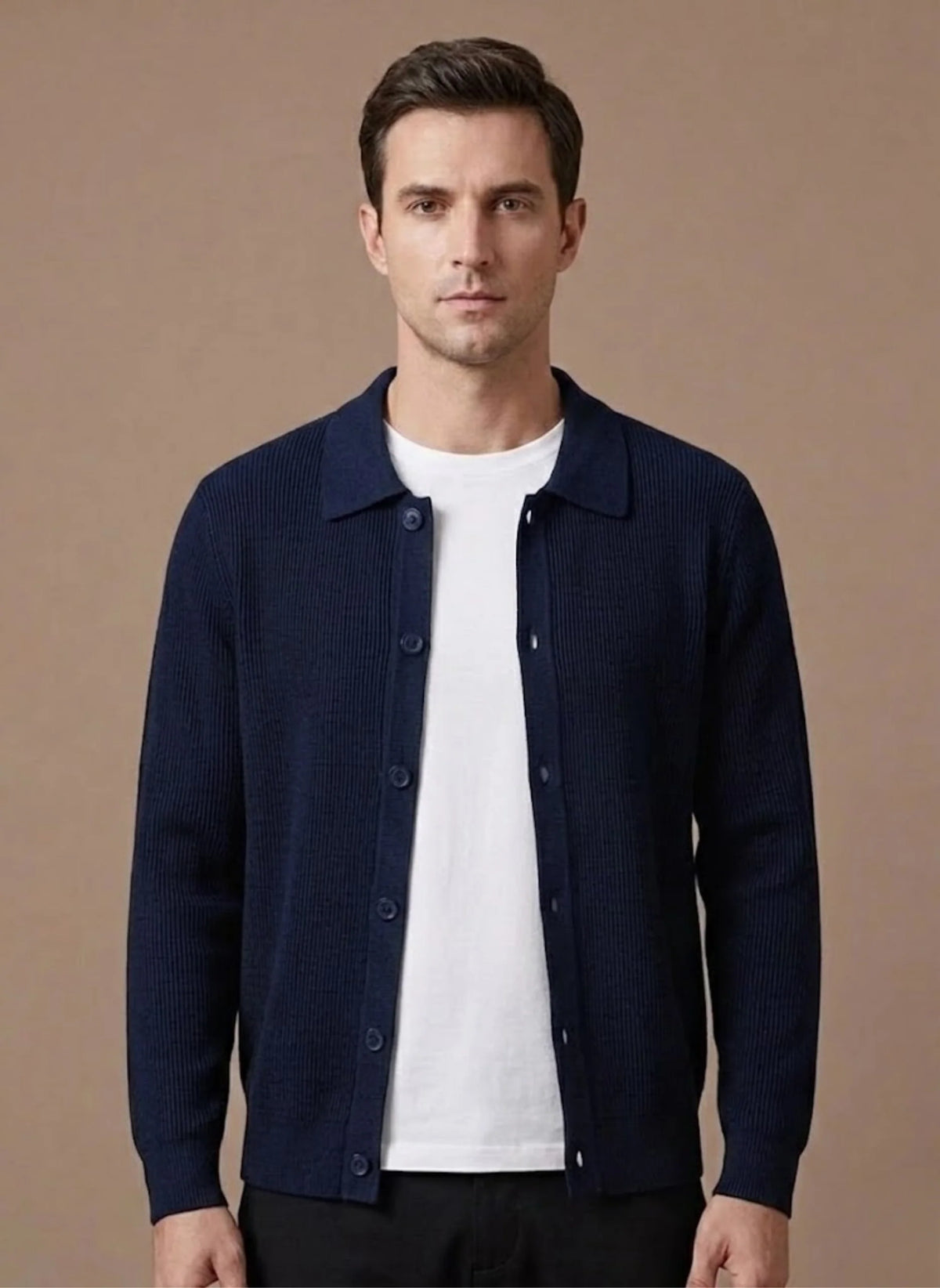 Men's Ribbed Knit Cardigan with Collared Neckline