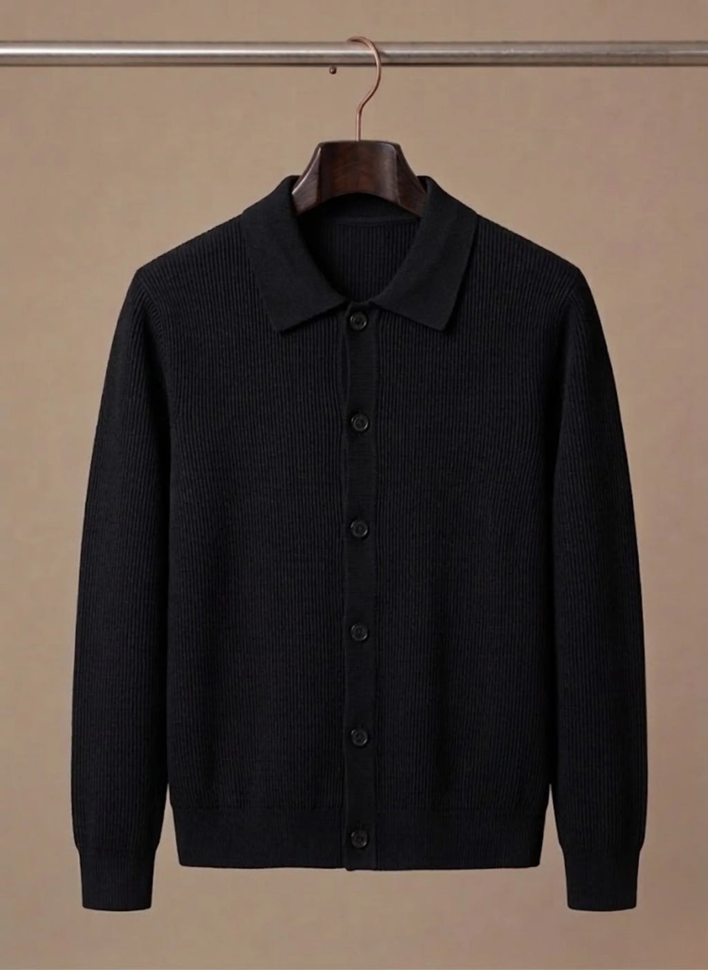 Men's Ribbed Knit Cardigan with Collared Neckline