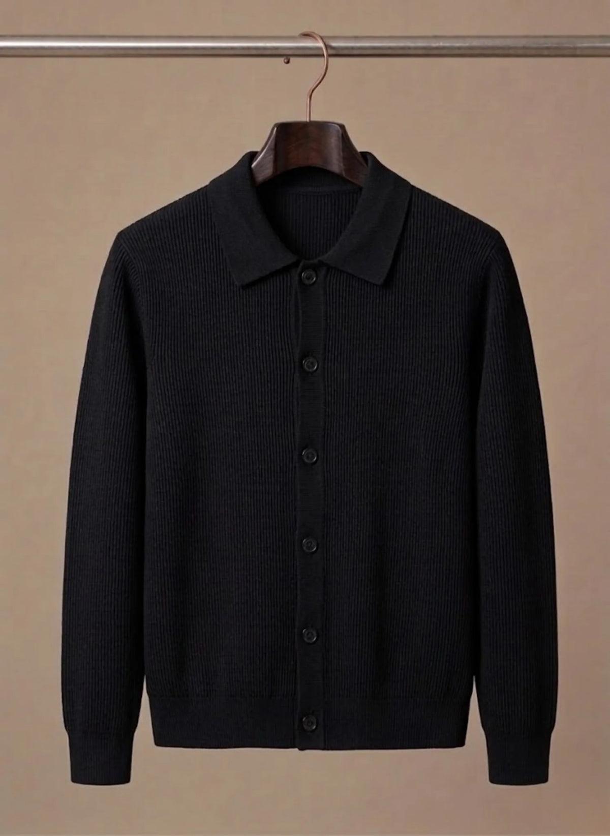 Men's Ribbed Knit Cardigan with Collared Neckline