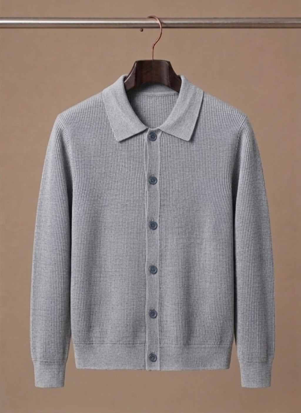 Men's Ribbed Knit Cardigan with Collared Neckline