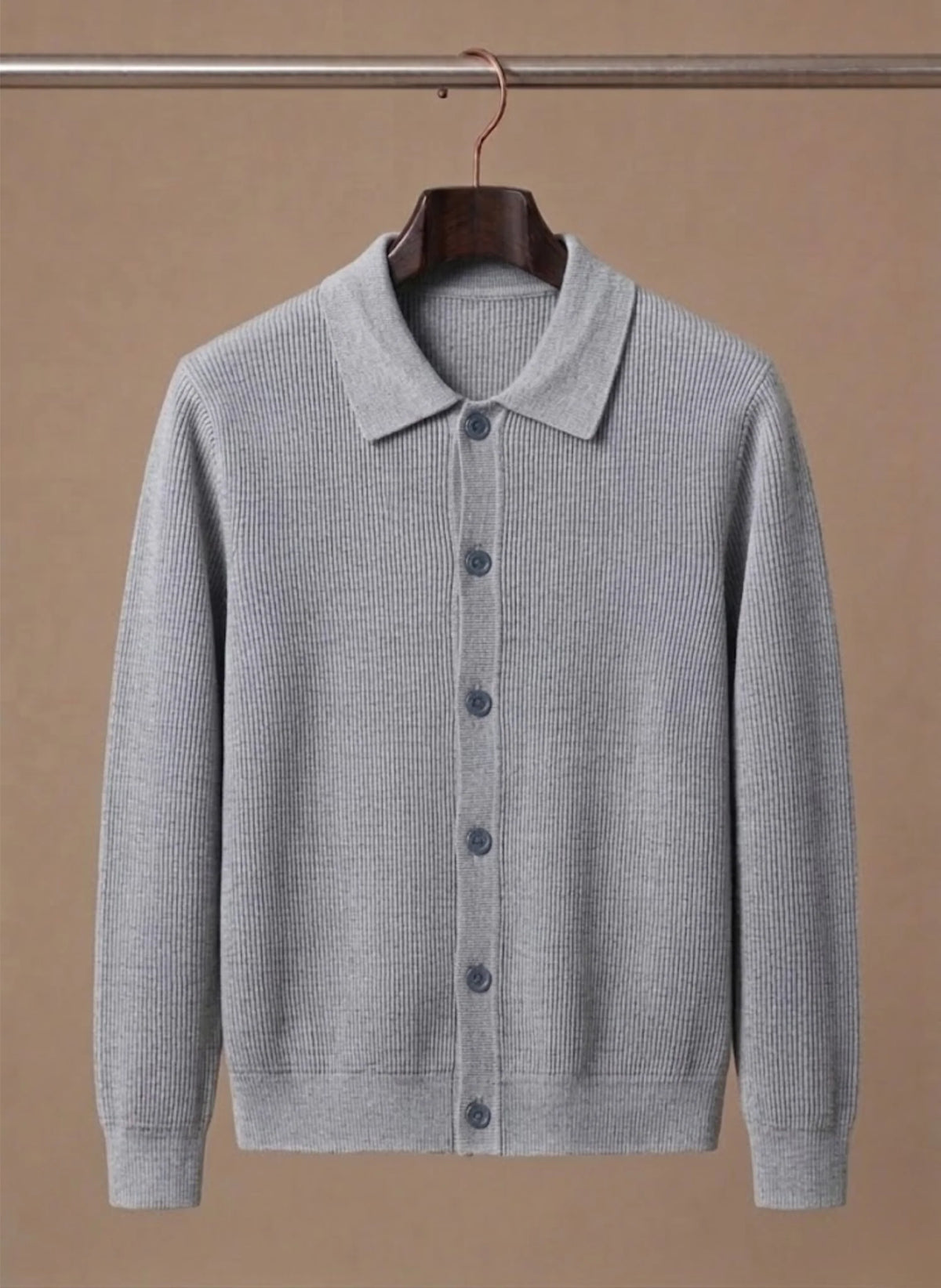 Men's Ribbed Knit Cardigan with Collared Neckline
