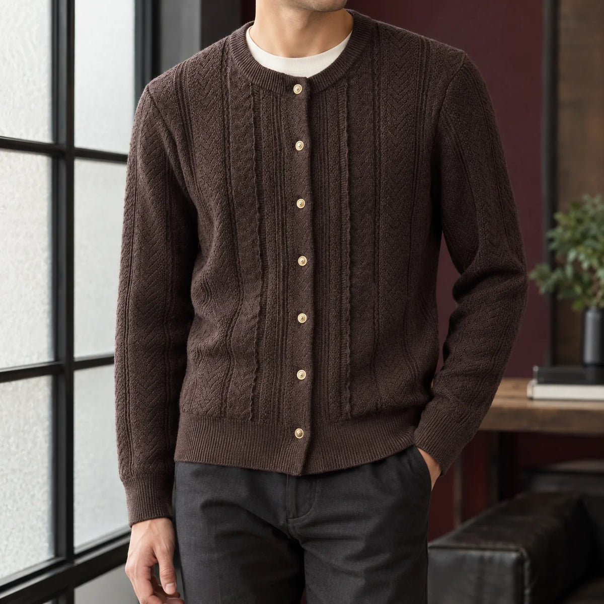 Men's Shawl Cardigan with Textured Knit Design 0