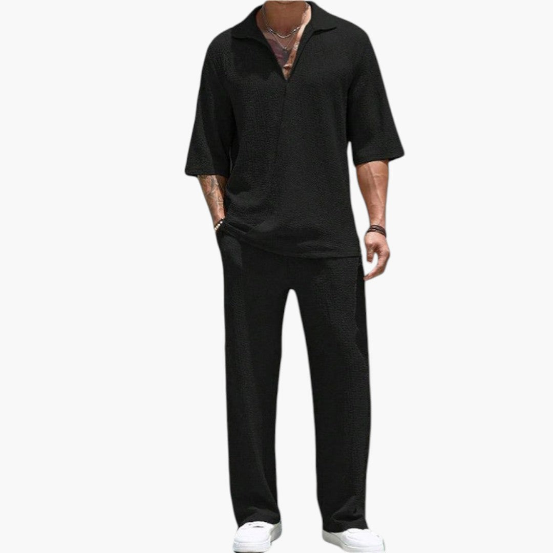 Men's V-Neck Button Closure Two-Piece Outfit Set