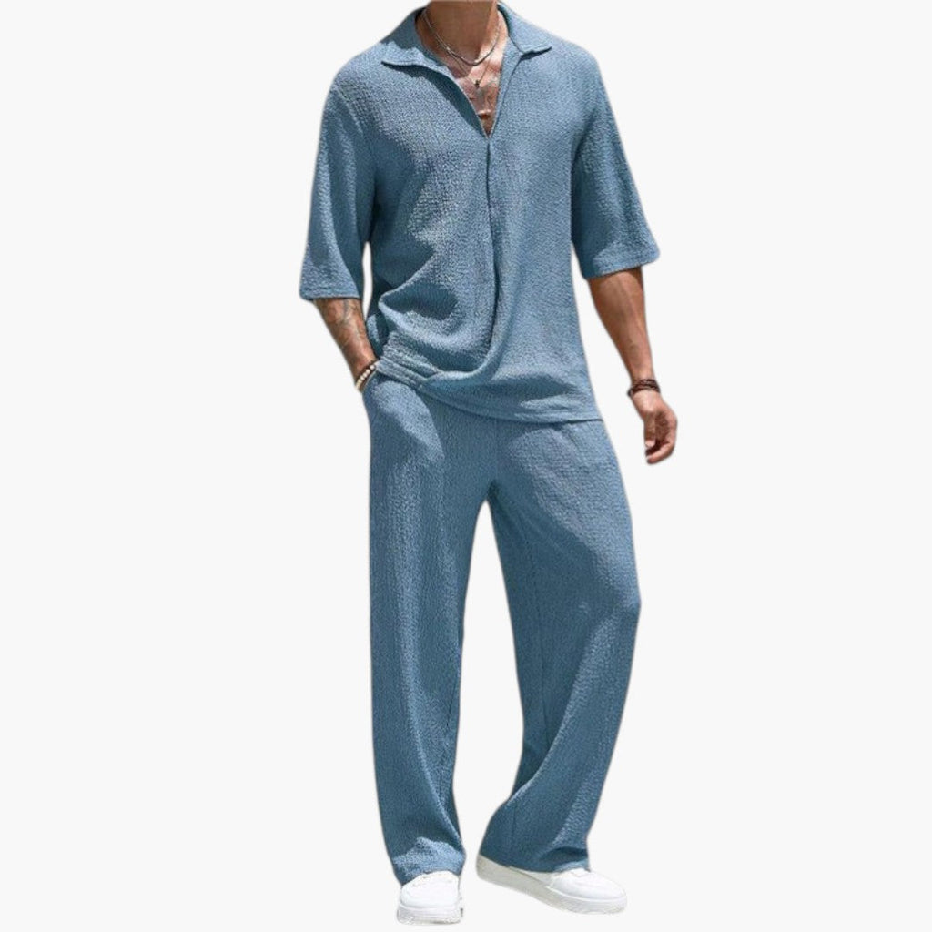 Men's V-Neck Button Closure Two-Piece Outfit Set