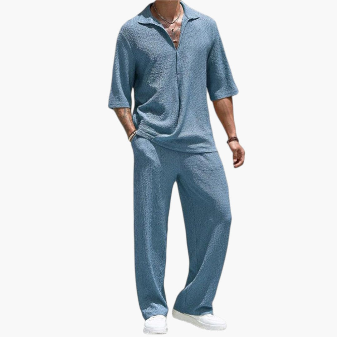 Men's V-Neck Button Closure Two-Piece Outfit Set