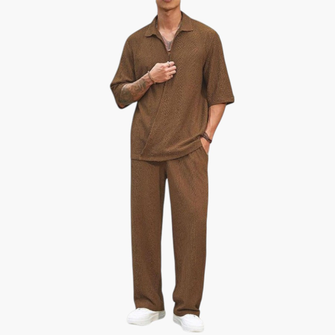 Men's V-Neck Button Closure Two-Piece Outfit Set