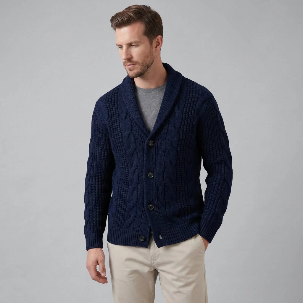Men's Wool Cable Knit Cardigan with Shawl Collar