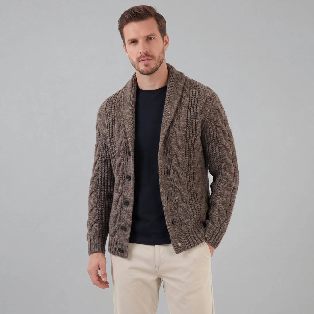 Men's Wool Cable Knit Cardigan with Shawl Collar