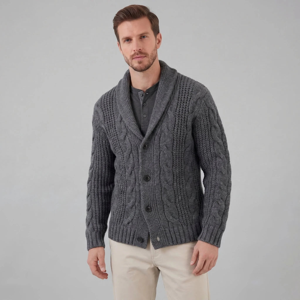 Men's Wool Cable Knit Cardigan with Shawl Collar