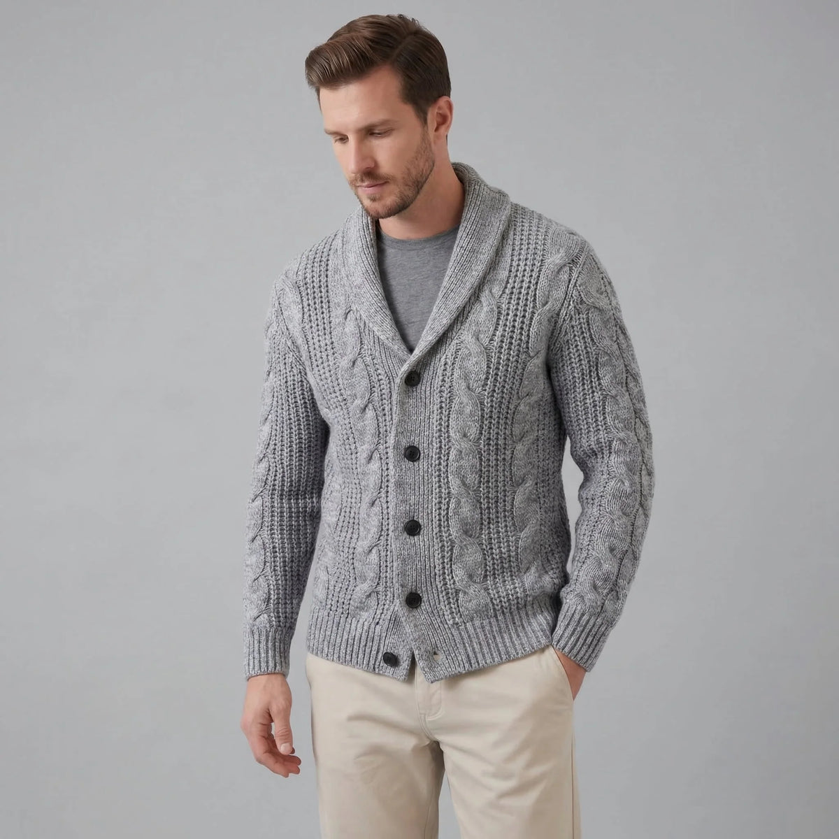 Men's Wool Cable Knit Cardigan with Shawl Collar