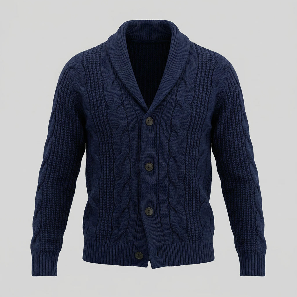 Men's Wool Cable Knit Cardigan with Shawl Collar