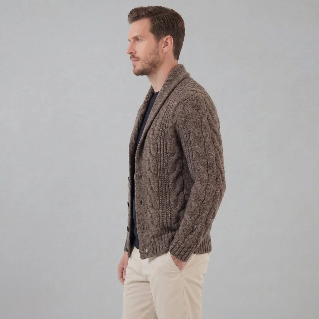 Men's Wool Cable Knit Cardigan with Shawl Collar