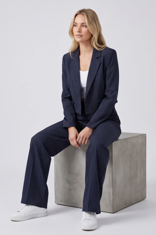Women's Casual Striped Suit Set with Cropped Top and Pants