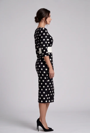 Women's Elegant Belted Polka-dot Bodycon Dress