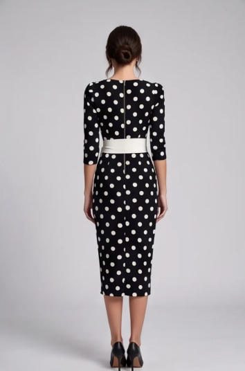 Women's Elegant Belted Polka-dot Bodycon Dress