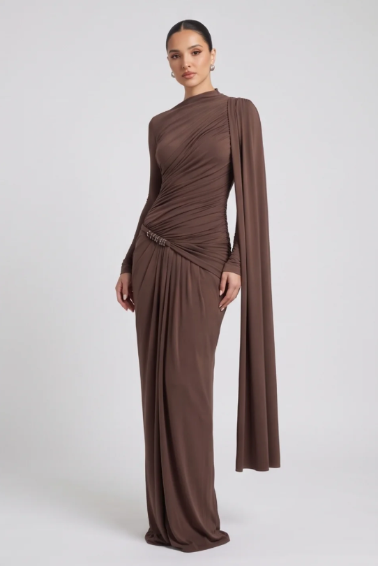 Women's Slim Fit Pleated Long Sleeve Formal Dress