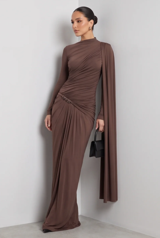 Women's Slim Fit Pleated Long Sleeve Formal Dress